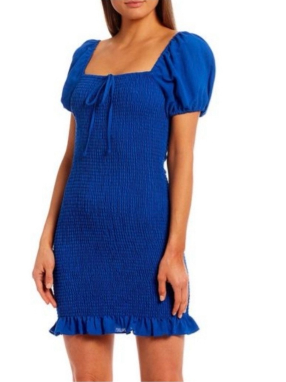 Gianni Bini "Alli" Blue Smocked Square Neck Bodycon Mini Dress SZ S Puff sleeves